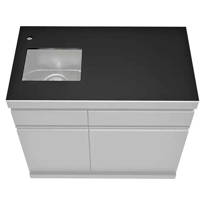 Kingstone Cube Arbeitsplatte - Sintered Stone, Passend für: Kingstone Cube Outdoorküchen-Modul Spüle & Kühlschrank - Dunkelgraue Küchenarbeitsplatte mit integrierter Spüle und einem Hahnloch über hellgrauen Schränken.