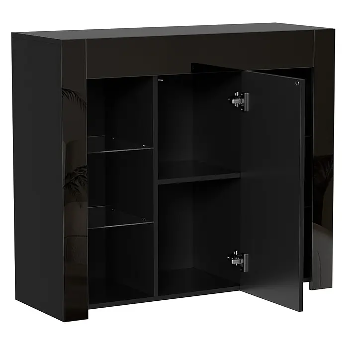 SONNENH Kommode - Schwarz - Schwarzer Hochglanz-Schrank mit zwei geöffneten Türen, die innere Regale enthüllen, teilweise aus Glas.
