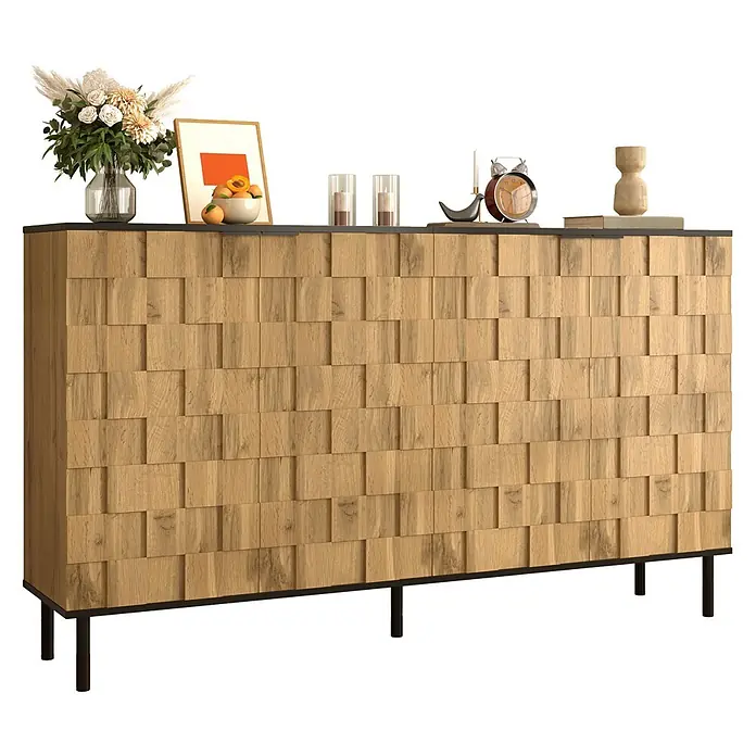SONNENH Kommode - Natur/Schwarz - Holz-Sideboard mit strukturierter Front, schwarzer Platte und schlanken schwarzen Metallbeinen, bietet stilvollen Stauraum und Ablagefläche.