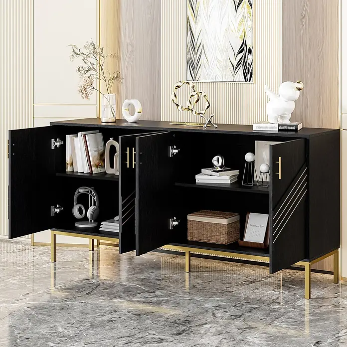 SONNENH Kommode - Schwarz/Gold - Schwarzes Holz-Sideboard mit goldenen Beinen und Griffen, Türen offenbaren Innenregale mit Büchern und Deko.