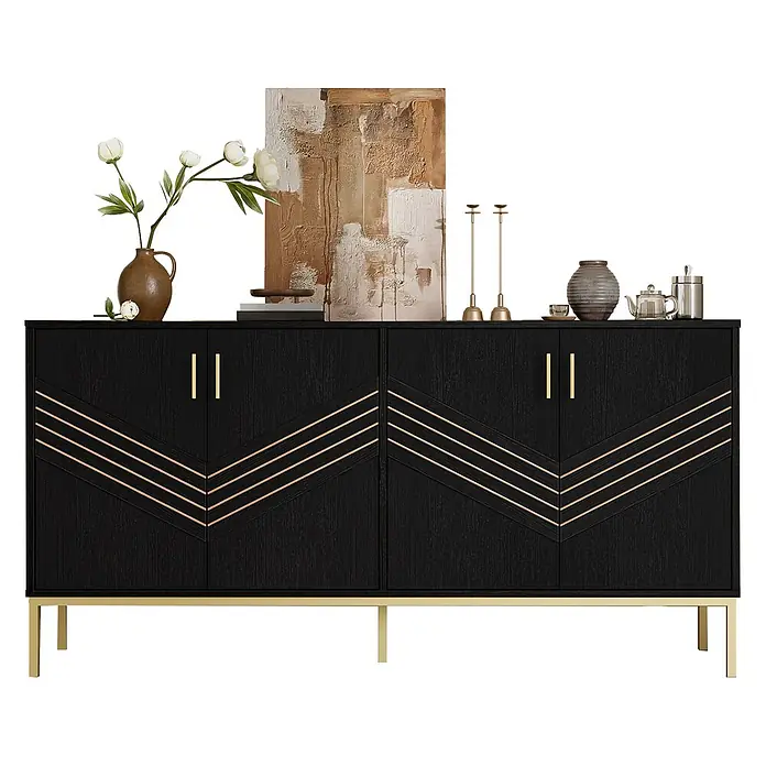 SONNENH Kommode - Schwarz/Gold - Schwarzes Konsolenregal mit goldenen Beinen und Griffen, mit geometrischen kupferfarbenen Linienmustern auf den Türen zur Aufbewahrung und Dekoration.
