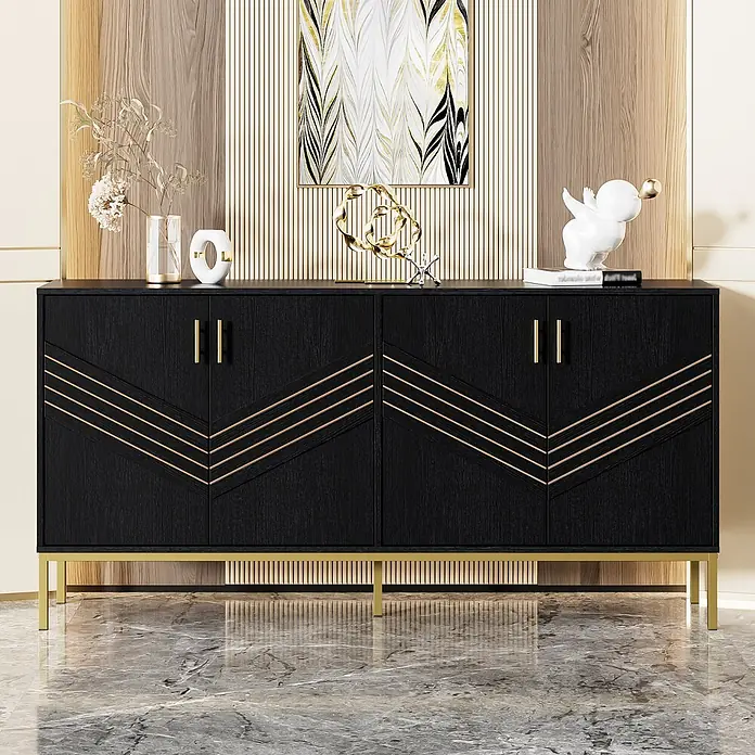 SONNENH Kommode - Schwarz/Gold - Schwarzes Sideboard aus Holz mit goldenen Griffen und geometrischen Metallakzenten, elegantem Design.