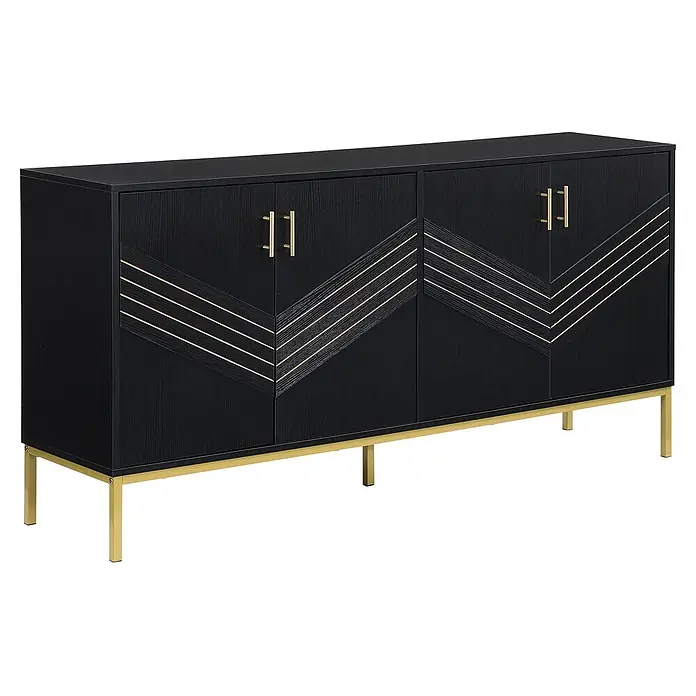 SONNENH Kommode - Schwarz/Gold - Schwarzes Sideboard mit texturierten Türen, goldener geometrischer Verzierung und Goldbeinen.