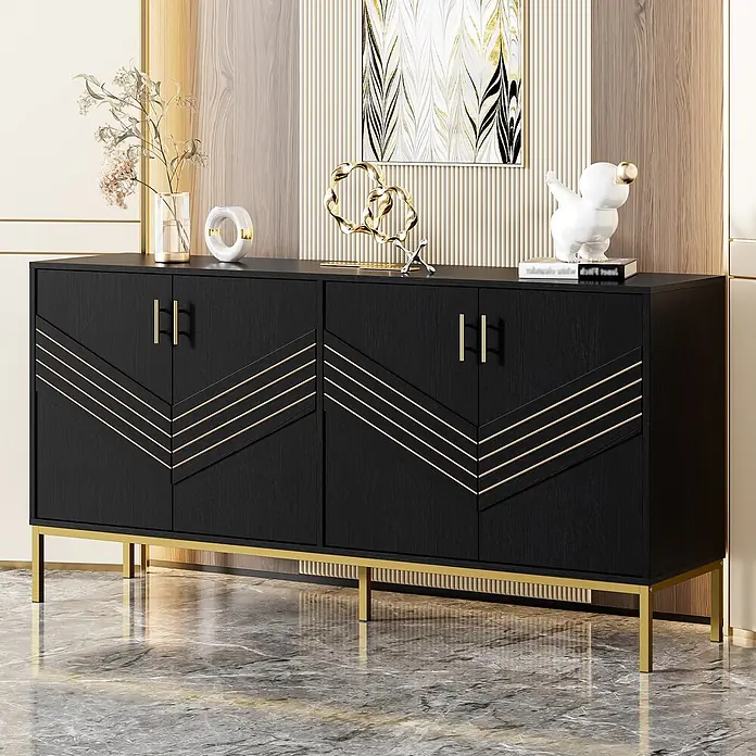 SONNENH Kommode - Schwarz/Gold - Ein schlankes schwarzes Sideboard mit goldenen Chevron-Akzenten, goldenen Griffen und goldenen Beinen.