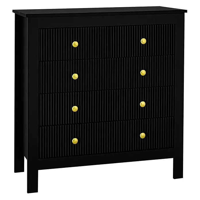 SONNENH Kommode - Schwarz/Gold, Anzahl Schubladen: 5 Stk. - Schwarze Kommode mit geriffelten Schubladenfronten und acht runden Goldknäufen.