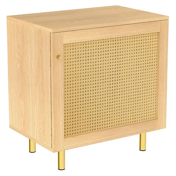 SONNENH Kommode - Natur - Helles Eichenschränkchen mit Rattan-Rohrgeflecht-Tür, goldenem Griff und goldenen Beinen.