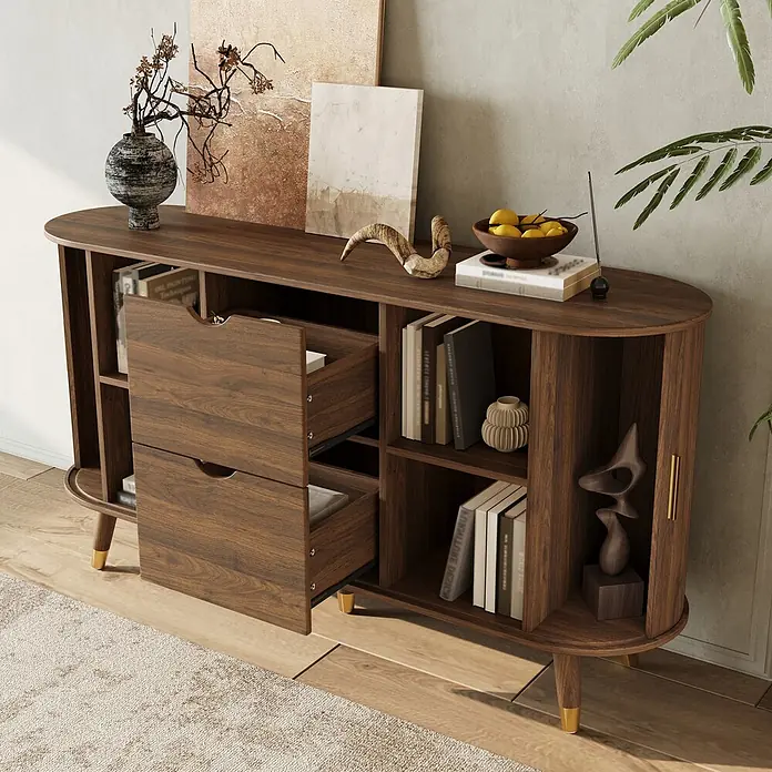 SONNENH Kommode - Nussbaumfarben, Anzahl Schubladen: 2 Stk. - Ein dunkler, ovaler Konsolentisch aus Holz mit offenen Regalen und zwei Auszugsschubladen, goldenen Akzenten an konischen Beinen, zur Aufbewahrung und Dekoration.