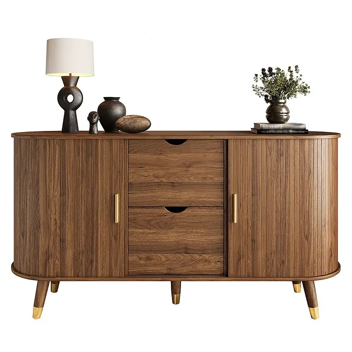 SONNENH Kommode - Nussbaumfarben, Anzahl Schubladen: 2 Stk. - Dunkles Holz Sideboard mit geriffelten Türen, zentralen Schubladen und goldenen Akzenten an Beinen und Griffen.
