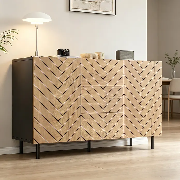SONNENH Kommode - Schwarz/Naturholzoptik, Anzahl Schubladen: 3 Stk. - Stilvolles Sideboard aus Holz mit Fischgrätmuster-Fronten und schwarzen Seiten.