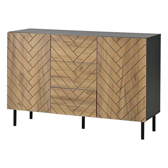 SONNENH Kommode - Schwarz/Naturholzoptik, Anzahl Schubladen: 3 Stk. - Modernes Sideboard aus Holz mit Fischgrätmuster, dunkler Platte und schwarzen Beinen.