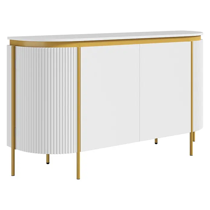SONNENH Kommode mit abgerundeten Seiten und vier Türen, Weiß/Gold -  - Weiß-goldenes Sideboard mit geriffelten Seiten, zwei Türen und eleganten goldenen Beinen.