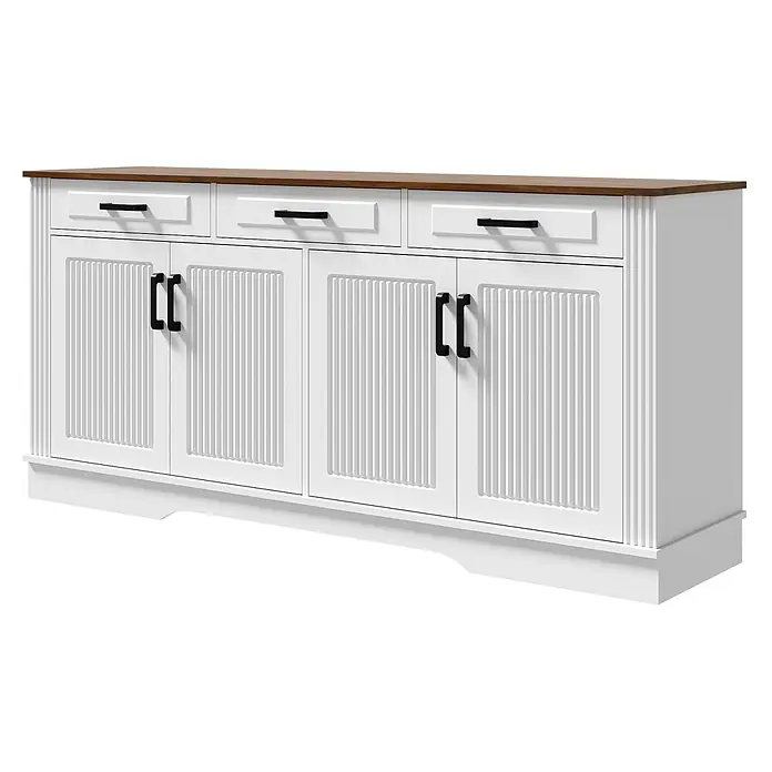 SONNENH Kommode - Weiß/Holzoptik, Anzahl Schubladen: 3 Stk. - Weißes Sideboard mit brauner Holzplatte, drei Schubladen und vier geriffelten Türen mit schwarzen Griffen.