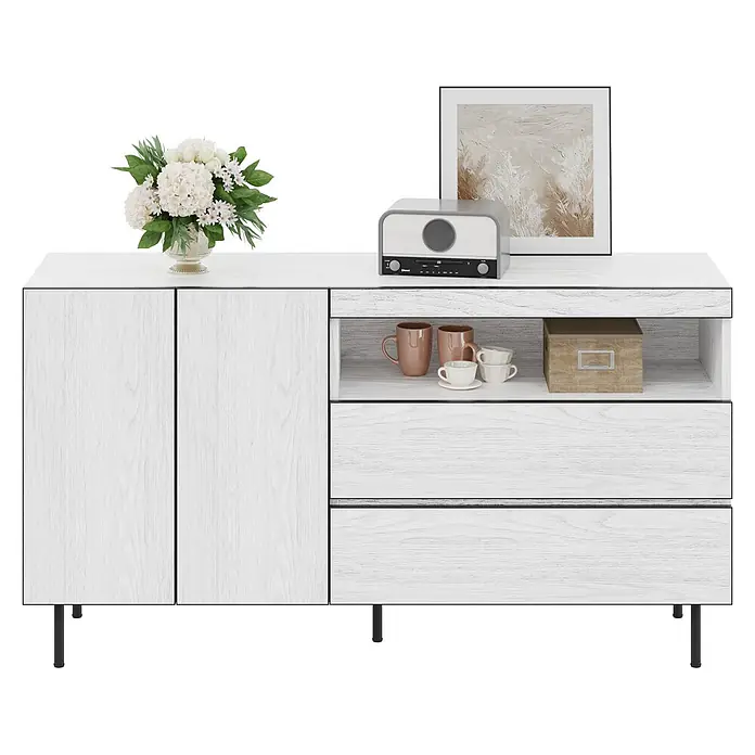 SONNENH Kommode - Weiß in Holzoptik, Anzahl Schubladen: 2 Stk. - Weißes Sideboard aus Holz mit Türen, Schubladen und offenen Fächern, dekoriert mit Blumen, Radio und Bild.