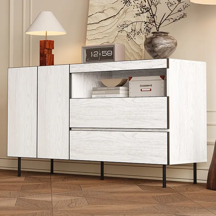 SONNENH Kommode - Weiß in Holzoptik, Anzahl Schubladen: 2 Stk. - Weißes Sideboard in Holzoptik mit schwarzen Beinen, zwei Türen, offenem Fach und zwei Schubladen, mit Deko.