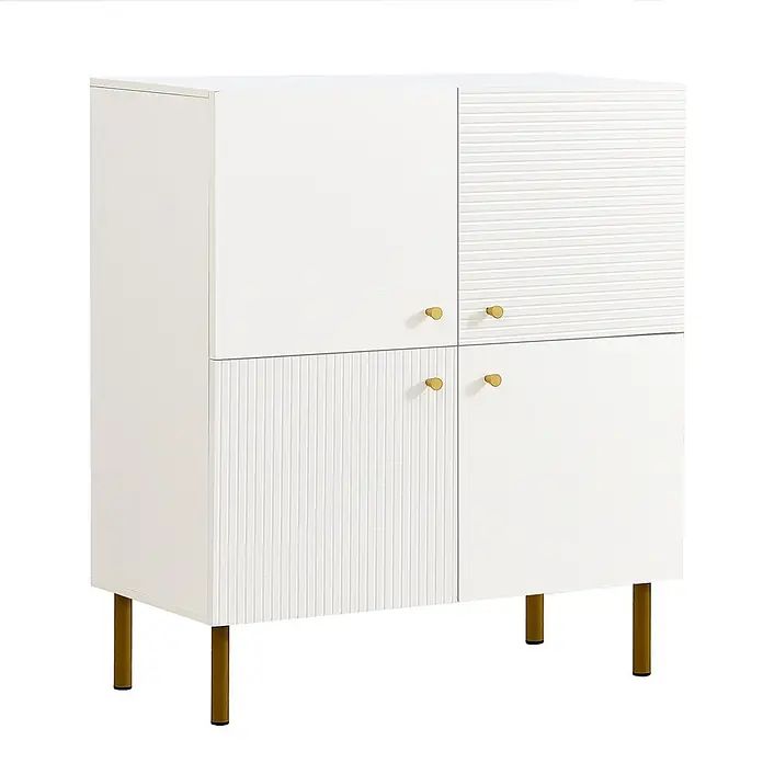 SONNENH Kommode - Weiß/Gold - Weißer Schrank mit goldenen Griffen und Beinen, ausgestattet mit zwei glatten und zwei gerillten Türfronten.