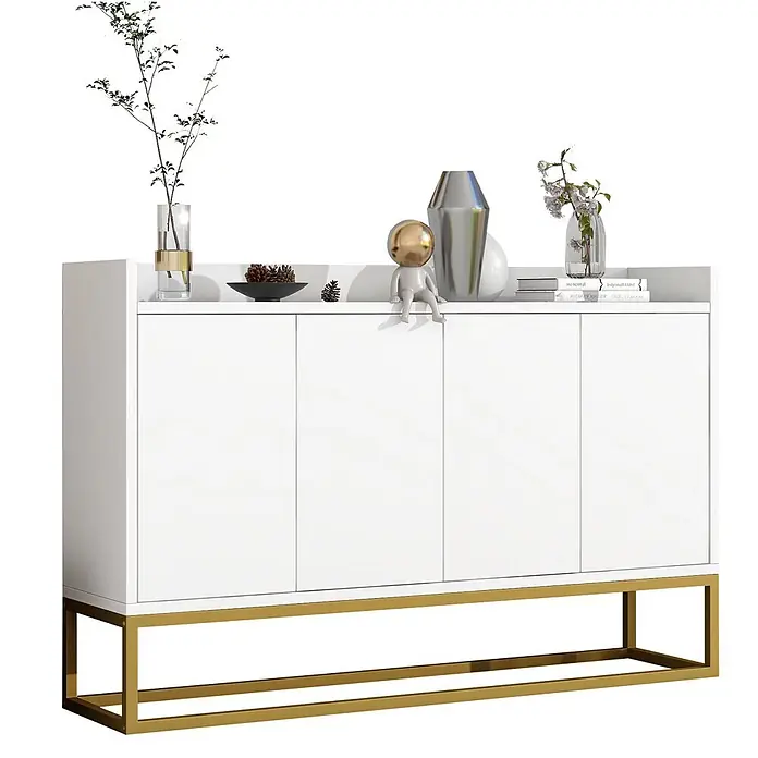 SONNENH Kommode mit vier grifflosen Türen, Weiß -  - Weißes Hochglanz-Sideboard mit vier Türen und einem goldenen Metallrahmen-Untergestell, mit offener Ablagefläche oben.
