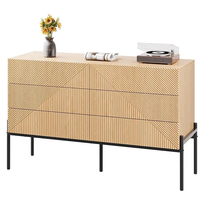 SONNENH Kommode - Natur/Schwarz, Anzahl Schubladen: 6 Stk. - Helle Holzkommode mit strukturierten geometrischen Fronten auf schwarzem Metallgestell. Stilvoller Stauraum.