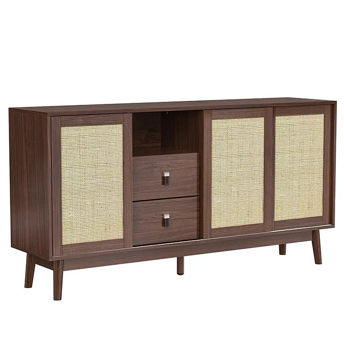 SONNENH Kommode - Dunkle Holzoptik, Anzahl Schubladen: 2 Stk. - Dunkelbraunes Sideboard aus Holz mit vier Rattan-Schiebetüren, zwei zentralen Schubladen und einem offenen Fach auf konischen Beinen.