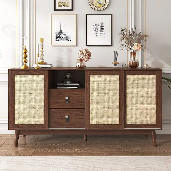 SONNENH Kommode - Dunkle Holzoptik, Anzahl Schubladen: 2 Stk. - Mid-Century Modern Sideboard aus dunklem Holz und Rattan mit zwei Schubladen, einem offenen Fach und zwei Türen.