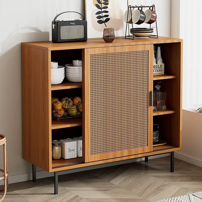 SONNENH Kommode - Walnuss - Holz-Sideboard mit Rattan-Schiebetür und schwarzen Metallbeinen, ideal für stilvolle Aufbewahrung und Dekoration.