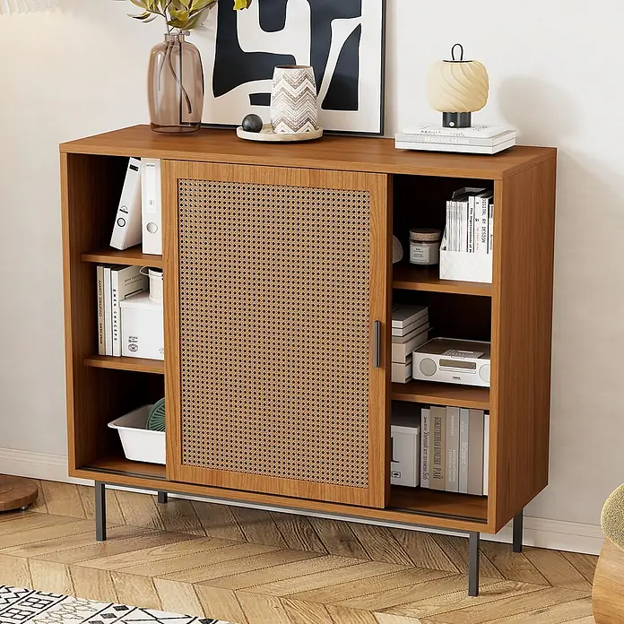 SONNENH Kommode - Walnuss - Braunes Sideboard aus Holz mit geflochtener Rattanschiebetür und schwarzen Metallbeinen, zur Aufbewahrung von Büchern und Deko.