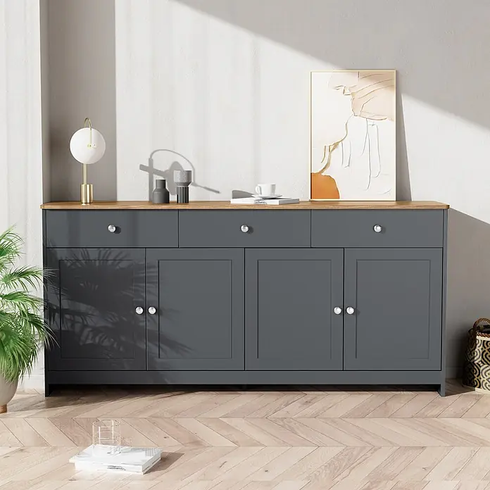 SONNENH Kommode - Grauschwarz/Holzoptik, Anzahl Schubladen: 3 Stk. - Dunkelgraues Sideboard mit Holzplatte, Schubladen und Türen.