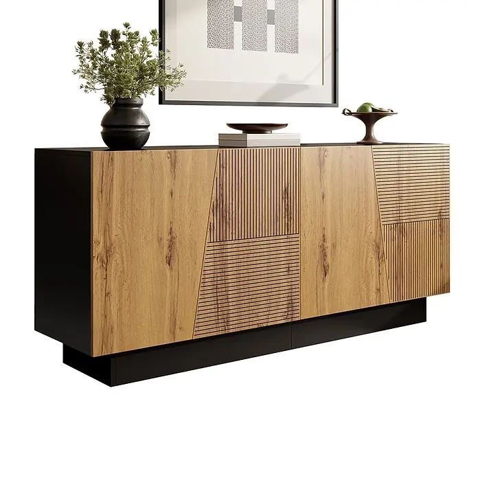 SONNENH Kommode - Schwarz/Holzfarben - Modernes Sideboard in Schwarz und Holzoptik mit geometrischen Linienmustern auf den Fronten, geeignet zur Aufbewahrung.