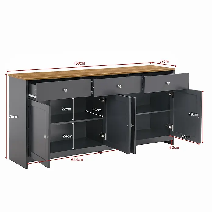 SONNENH Kommode - Grauschwarz/Holzoptik, Anzahl Schubladen: 3 Stk. - Dunkelgraues Sideboard mit Holzplatte, drei Schubladen und drei Schränken mit Innenablagen und Maßen.