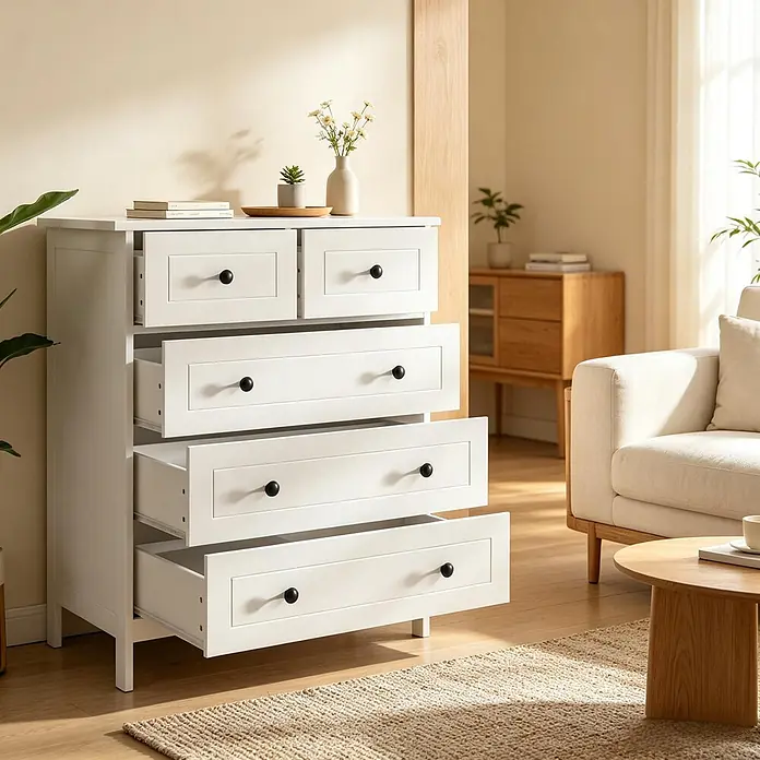 SONNENH Kommode mit 5 Schubladen, Weiß -  - Weiße Holzkommode mit schwarzen Knöpfen, einige Schubladen offen, in hellem Wohnzimmer.