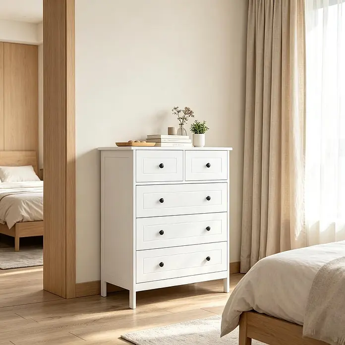 SONNENH Kommode mit 5 Schubladen, Weiß -  - Weißer Kommode mit schwarzen Knöpfen in einem hellen Schlafzimmer. Darauf stehen Bücher und Pflanzen.
