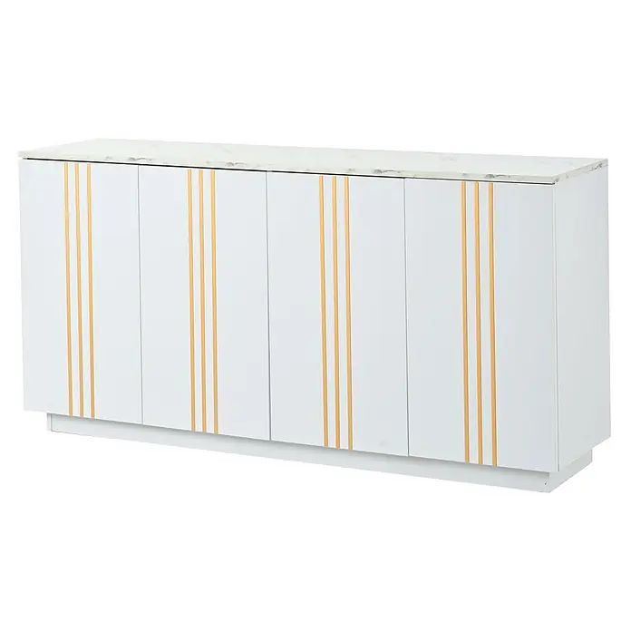 SONNENH Kommode mit vier Türen und goldfarbenen Linien, Weiß -  - Weißer Mehrfachschrank mit Marmorplatte und goldenen vertikalen Streifen.