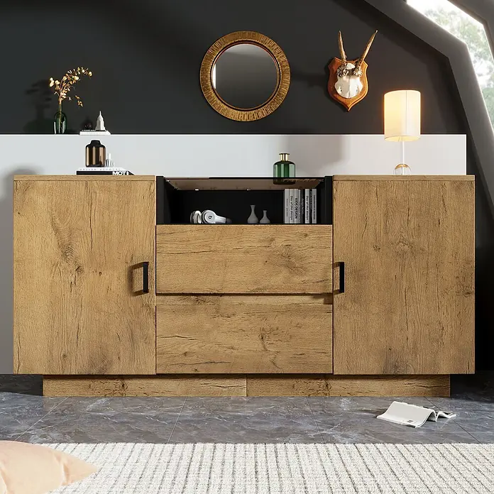 SONNENH Kommode - Eiche, Anzahl Schubladen: 2 Stk. - Sideboard in Eichenoptik mit schwarzen Griffen, bestehend aus Schränken, Schubladen und offenen Ablagefächern.