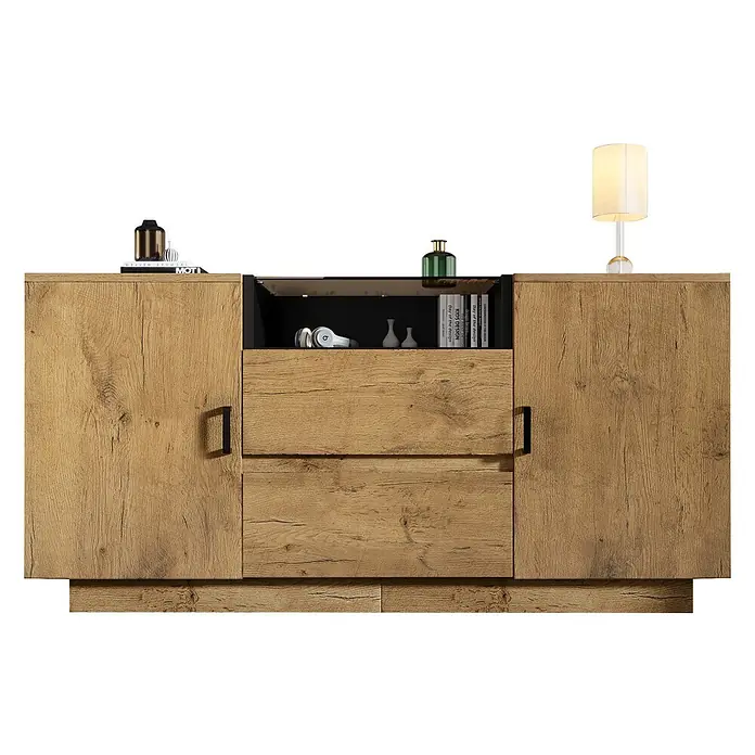 SONNENH Kommode - Eiche, Anzahl Schubladen: 2 Stk. - Hölzernes Sideboard mit zwei geschlossenen Türen, einem offenen Mittelfach und zwei Schubladen. Helle Holzmaserung.