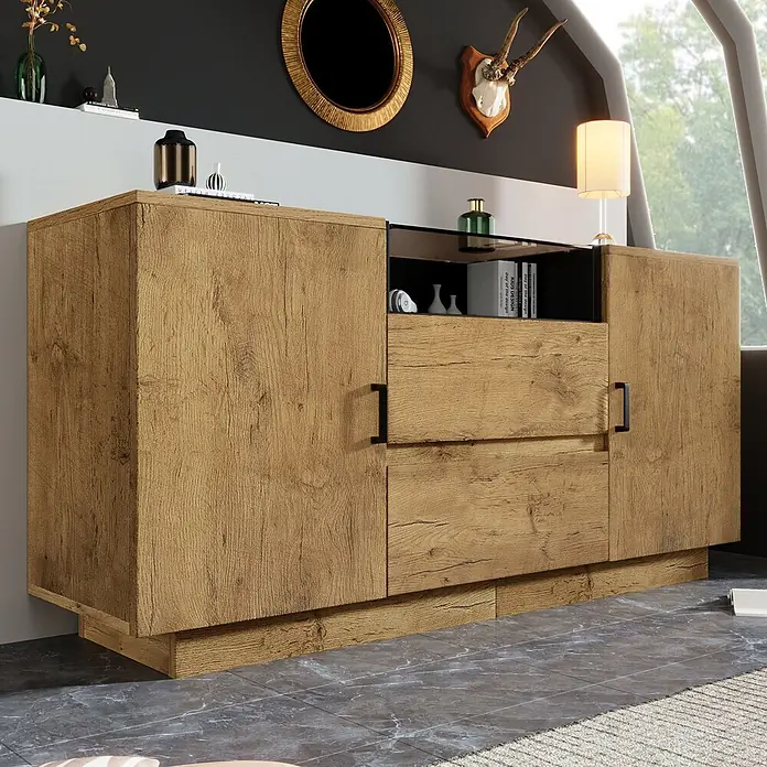 SONNENH Kommode - Eiche, Anzahl Schubladen: 2 Stk. - Sideboard in rustikaler Eichenoptik mit schwarzen Griffen, Türen, Schubladen und offenem Fach mit Glasplatte.