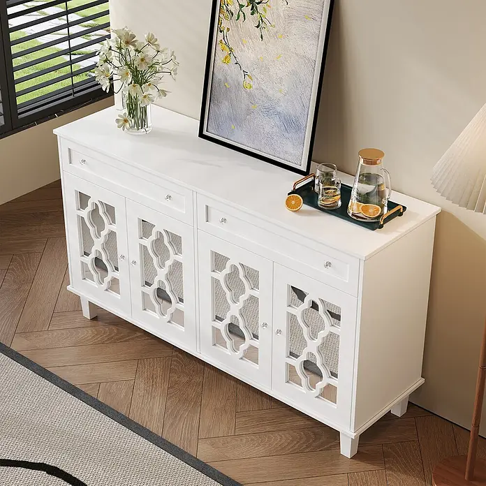 SONNENH Kommode mit vier Spiegeltüren und zwei Schubladen, Weiß -  - Weißes Holz-Sideboard mit dekorativen Spiegeltüren und klaren Kristallknöpfen, als Konsole genutzt.