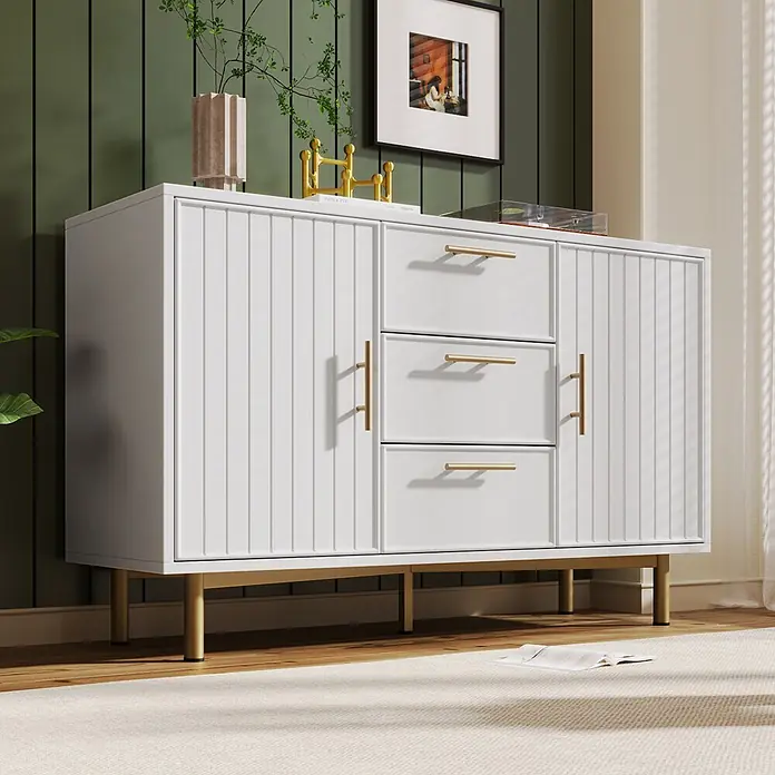 SONNENH Kommode mit Regalen 120 x 75 x 40 cm Weiß -  - Geripptes weißes Sideboard mit goldenen Akzenten, das stilvollen Stauraum in einem Wohnzimmer bietet.