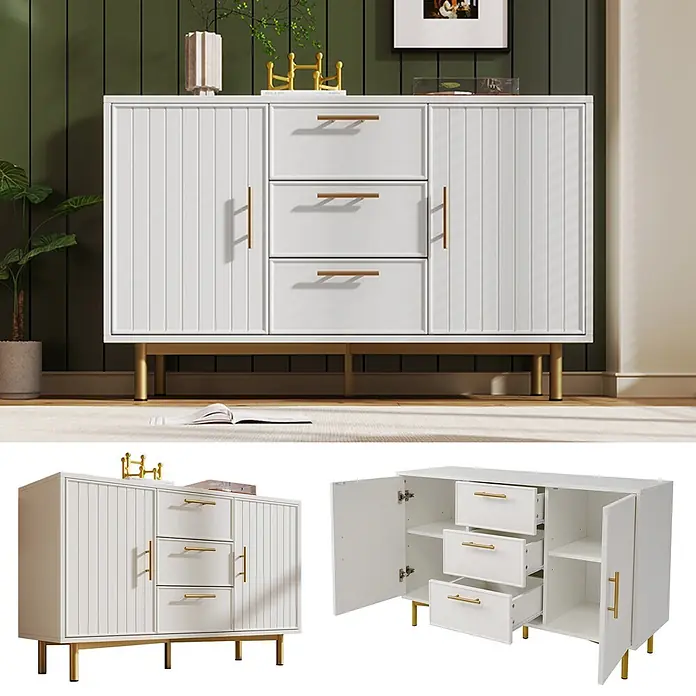 SONNENH Kommode mit Regalen 120 x 75 x 40 cm Weiß -  - Weißes Sideboard mit geriffelten Türen, goldenen Griffen und Beinen. Drei Schubladen und zwei Seitenschränke.