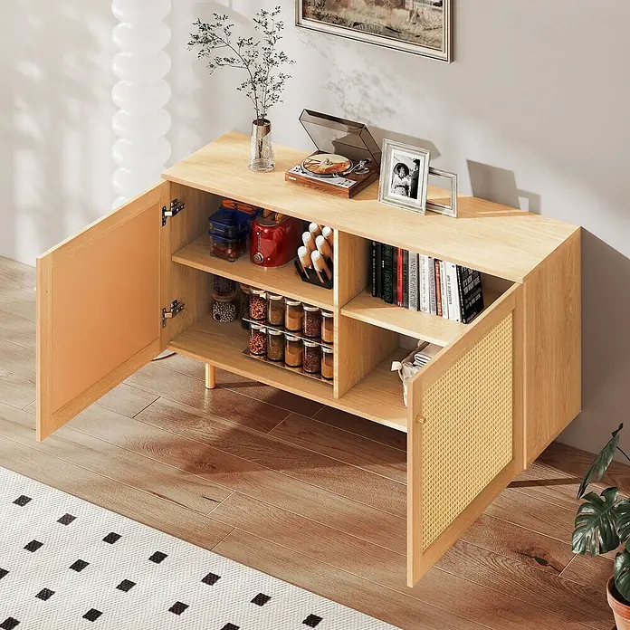 SONNENH Kommode - Naturholzoptik - Helles Holz-Sideboard mit Massiv- und Rattantüren, als Aufbewahrungsschrank für verschiedene Gegenstände genutzt.