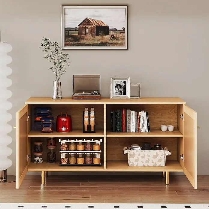 SONNENH Kommode - Naturholzoptik - Helles Holz Sideboard mit goldenen Beinen, offene Türen zeigen Stauraum für Küchenartikel, Bücher und Korb. Plattenspieler, Pflanze und Fotos auf der Oberseite.