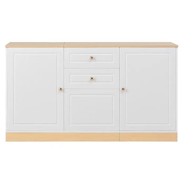 SONNENH Kommode - Weiß/Natur, Anzahl Schubladen: 2 Stk. - Weißes Holzsideboard mit Naturholzplatte und -sockel, zwei Türen und drei Schubladen mit roségoldenen Knäufen.