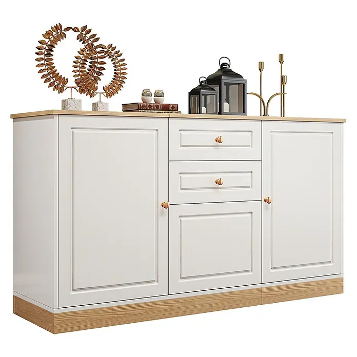 SONNENH Kommode - Weiß/Natur, Anzahl Schubladen: 2 Stk. - Weißes Sideboard mit heller Holzplatte und Sockel, zwei Türen, drei Schubladen und kupferfarbenen Knöpfen.