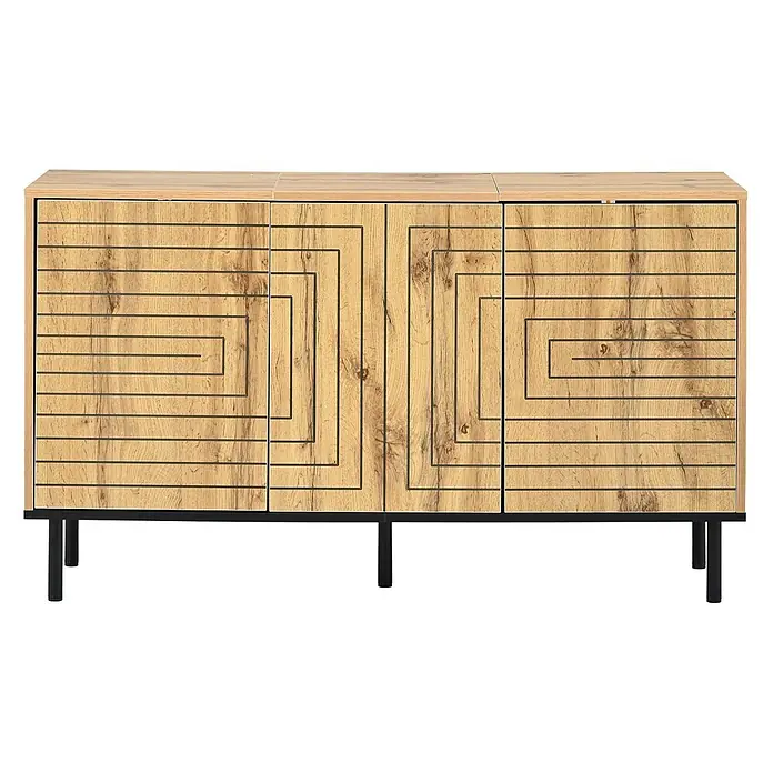 SONNENH Kommode - Natur/Schwarz - Helles Holz-Sideboard mit schwarzen geometrischen Mustern auf drei Türen, getragen von schwarzen Metallbeinen.