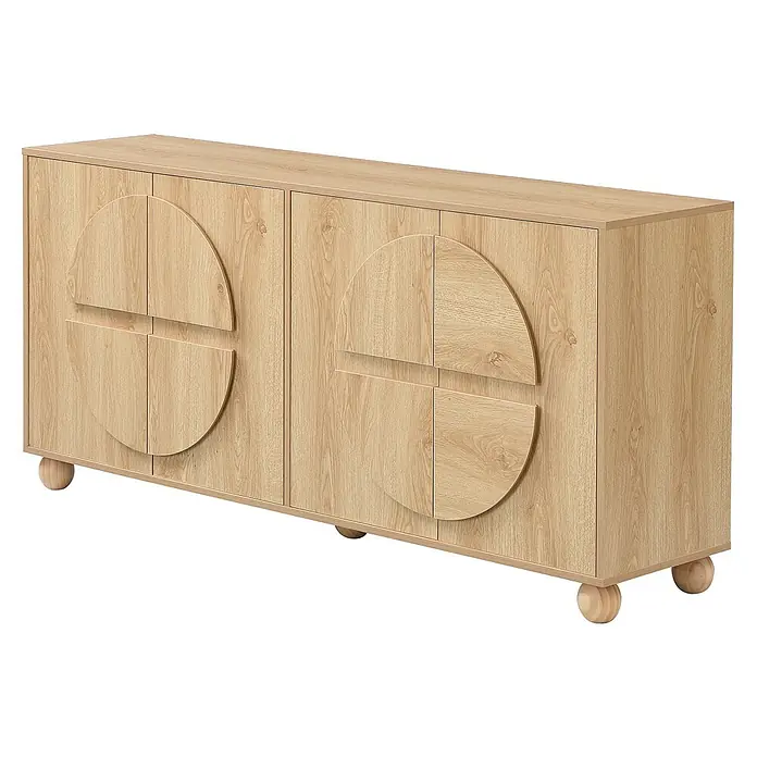 SONNENH Kommode - Natur - Helles Sideboard aus Holz mit vier Türen, die halbrunde Zierpaneele und runde Holzfüße aufweisen.