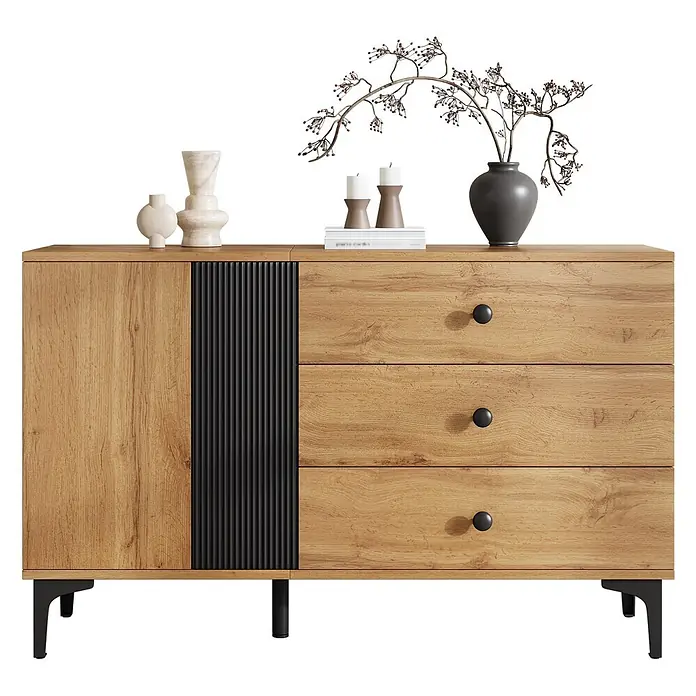 SONNENH Kommode - Natur/Schwarz, Anzahl Schubladen: 3 Stk. - Holz-Sideboard mit heller Holzoptik, schwarzer Rillen-Akzentplatte und drei Schubladen mit schwarzen Knöpfen.