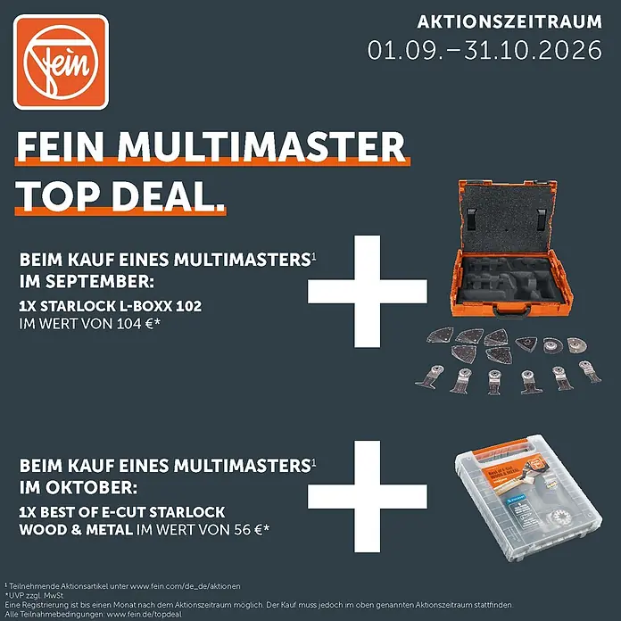 Fein MultiMaster Elektro-Multifunktionswerkzeug MultiMaster MM300 Plus START L-BOXX SET - 250 W, STARLOCK-Plus-System - Fein Multimaster Aktion mit zwei Gratis-Zugaben: ein orangefarbener Werkzeugkoffer mit Zubehör und eine Klarsichtbox mit Starlock-Sägeblättern.