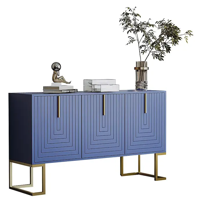 SONNENH Kommode - Marineblau - Blaues Sideboard mit geometrischen Mustertüren, goldfarbenen U-förmigen Beinen und Griffen, dekoriert mit Figur und Pflanze.