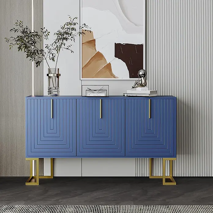SONNENH Kommode - Marineblau - Blaues Sideboard mit goldenen Beinen und geometrisch gemusterten Türen, zur Aufbewahrung und Dekoration.