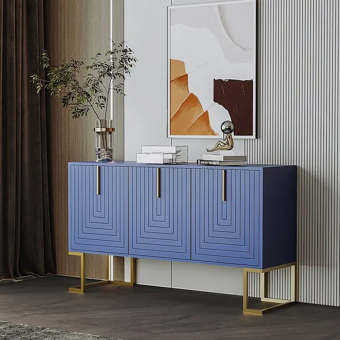 SONNENH Kommode - Marineblau - Blaues Sideboard mit geometrisch gemusterten Türen und goldenen Akzenten in modernem Wohnraum.