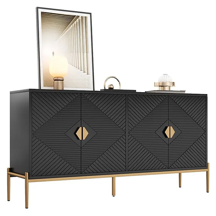 SONNENH Kommode - Schwarz/Gold - Schwarzer Buffetschrank mit goldenen Beinen und Griffen, Türen mit geometrischem Muster.