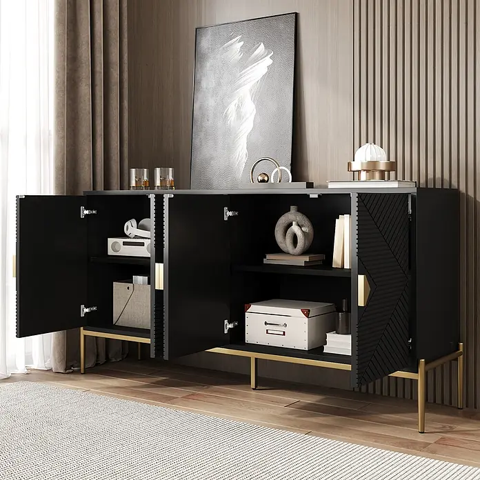 SONNENH Kommode - Schwarz/Gold - Schwarzes Sideboard mit strukturierten Türen und Goldbeinen, bietet offene und geschlossene Fächer für modernen Stauraum.